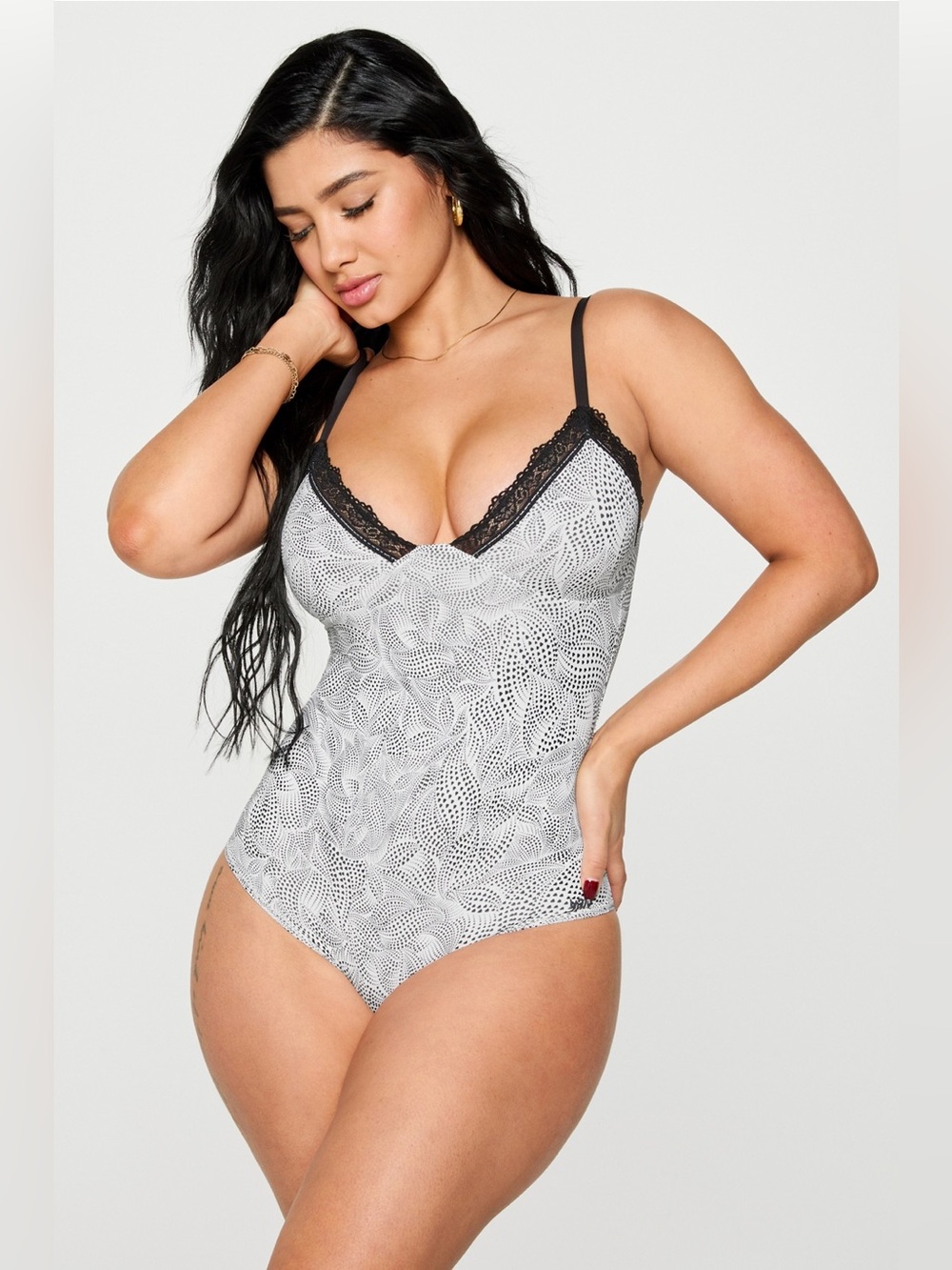NWT YITTY Black and White Lace-Trim Smooth Reality Patterned Bodysuit
